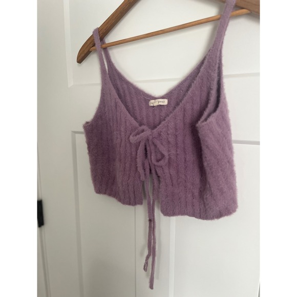 LA Hearts Purple Fuzzy Knit Tie Front Crop Top Ribbed Eyelash Sweater Tank Small - Picture 3 of 5
